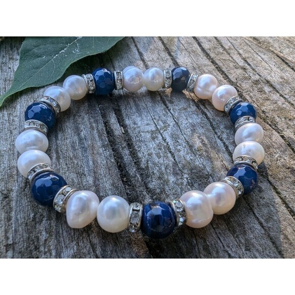 Vintage Rhinestone Pearl Bracelet Stack, 3 Pearly Stretch Bracelets - Picture 4 of 10